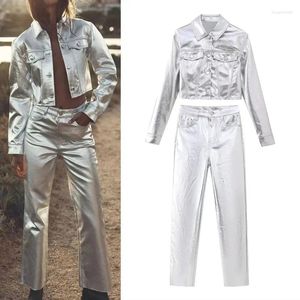 Damenhosen TRAF Womens Metallic Straight Jeans Vintage High Waist Fit Sets Herbst Damen Revers Langarm Crop Jacken Anzüge