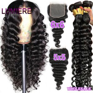 38 40 tum Loose Deep Wave Human Hair Bunds med 44 55 66 HD LACE STÄNGNING BRAZILIAN VOEVE FRONTAL 240127