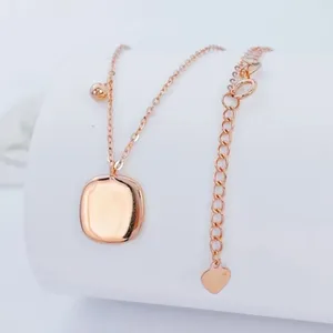 Chains Real Pure 18K Rose Gold Chain Women Lucky Glossy Square Pendant O Link Necklace 2.65-2.78g