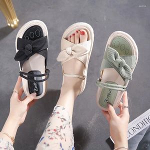 Dress Shoes 2024 Sandals Ladies Summer Fairy Style Fashion Student Thick Soled Roman Flats Indoor Slippers Bows Comfort Sexy