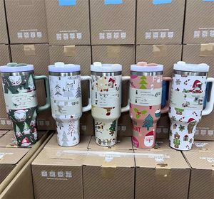 Water Bottles 5 patterns Christmas Collection Straw Handheld Car Stainless Steel Insulated Cup With Lid Rolling 40 Ounce Coffee