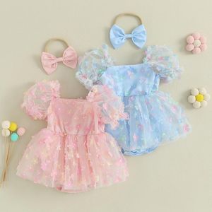 Macacão pudcoco infantil nascido bebê menina roupas de verão manga curta sopro 3d flor macacão tule vestido com bandana conjunto 2 pçs roupas