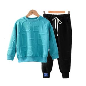 Boy Girls Sweatshirt Spring and Autumn Clothing Junior Kid Fashion Jacquard Letter långärmad topp Sweatpants 2 st 3-12y 240131