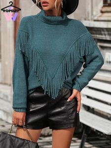 Women's Sweaters In Sweater For Women Fashion Casual Tassel Loose Fringe Patchwork Full Sleeves Turtleneck Knitted Office Lady Short