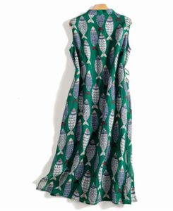 Kleider Frauen Party Print Vintage Leinen Dünne Lose Taille Ärmelloses Damenkleid Stehkragen A-Linie Mittelkalb Kleider Für Frauen Sommer