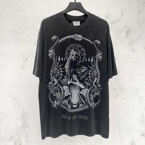Erkek tişörtler vintage yıkama sıkıntılı kısa kollu sis korku tanrısı basılı Amerikan moda markası vtg gündelik gevşek montaj tişört