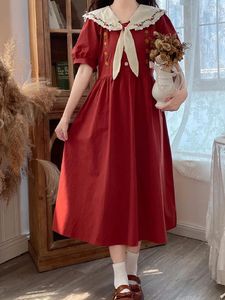 Abiti da festa Stile Preppy Fata rossa Girly Elegante Donna Colletto alla marinara giapponese Tid Ricamo floreale Manica corta Donna