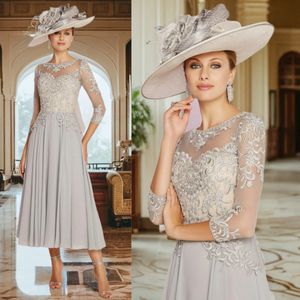 Light Silver Short Mother Of The Bride Dresses Sheer Neck 3/4 Sleeves Mother's Dresses Beaded Sequins Ankle Length Gowns For Women Wedding Guest Outfit AMM057