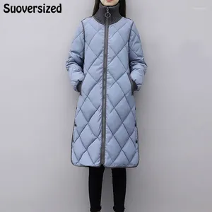 Casacos de trincheira femininos oversized 4xl gola meados de comprimento parkas coreano manga longa mulheres jaquetas elegante quente fino algodão acolchoado inverno