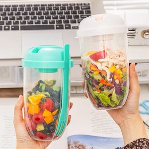 Servis 1L Portable Salad Cup Kids Frukost Bowl With Fork School Lunch Box Food Storage Bento Yoghurt Oatgryn spannmålsmjölk