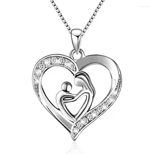 Anhänger Echte 925 Sterling Silber Anhänger Halsketten Mutter mit Sohn Liebe Herz CZ Diamant Muttertagsgeschenk edler Schmuck