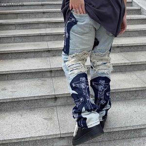 Men's Jeans Hole Streetwear Fringe Embroidery Mens Jeans Tassel Hip Hop Denim Trousers Oversize Color Block Patchwork Baggy Pants 2022 YQ240205