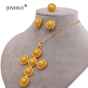 Colar brincos conjunto cor de ouro cruz feminino anel 24k dubai noiva casamento habesha africano cruzes jóias presente