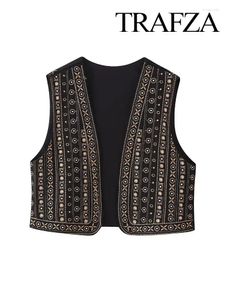 Gilet da donna TRAFZA Moda Donna Senza maniche Cardigan Casual Gilet Giacca vintage con scollo a V e ricamo floreale con perline