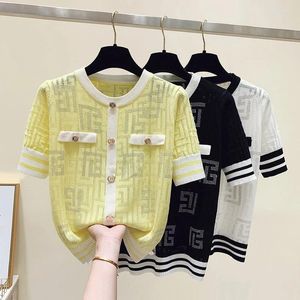 Women's Sweaters Chic 2024 Fashion Summer Contrast Small Fragrance Ice Thin Sweater Versatile Hollow Out Short Sleeve T Shirts