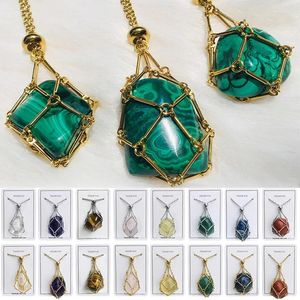 Pendant Necklaces Adjustable Necklace Empty Stone Holder Wax Rope Copper Cage Metal Chain Net Bag Crystal Gems Jewelry Accessories