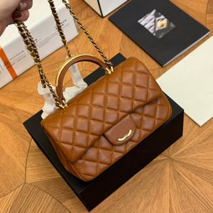 Designer Women Brown Shoulder Bag Portable Classic Flap with Top Handle Sequined 20cm Leather Gold Hardware Matelasse Chain Luxury Cross Body Handbag Purse