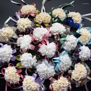 Dekorativa blommor Bröllopsdekoration Mariage Rose Wrist Corsages Handblomma Silk spetsar pe skum konstgjorda brudar brudtärna jul