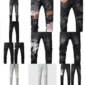 Мужские джинсы Джинсовые джинсы дизайнерские амиры для мужчин и женщин с вышивкой, рваные нашивки, прямые, облегающие, фиолетовые