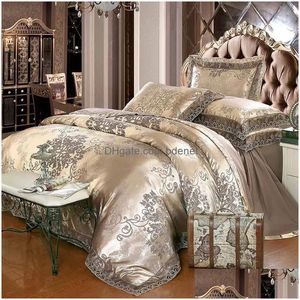 Sängkläder sätter lyx Jacquard Set King Queen Size 4/6pcs Bed Linen Silk Cotton Däcke Er Lace Satin Sheet Pudowcases Y200111 Drop Del DHK3H