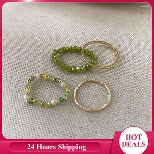 Anéis de cluster 4 pçs / set verde frisado empilhado para mulheres meninas ins nicho design na moda 2024 verão anel de dedo jóias presente