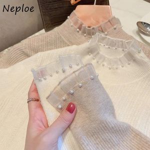 Kvinnors tröjor Neploe Y2K Autumn Vintage Turtleneck Jersey Mujer Jumpers Mesh Patchwork Solid Color Pull Femme Beading Long Sleeve