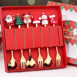 Servis uppsättningar 2/4/6st julsked gaffel set söt Santa Xmas träd rostfritt stål efterrätt kaffe skedar bordsartiklar år heminredning gåvor