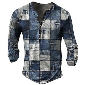 Vintage Mens TShirt Imitation Cotton Tees Geometic Line 3d Printed Long Sleeve Henley Shirt Top Oversize Men Clothing Pullover 240130