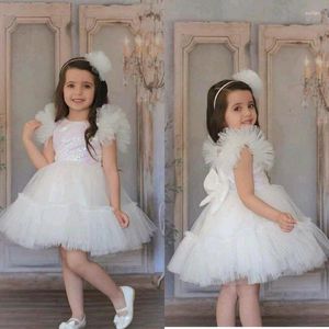 Girl Dresses Fluffy Flower Dress Birthday Short Sleeve Tulle Ball Gown Bow Knee Length Kids Shiny First Communion Lace Princess