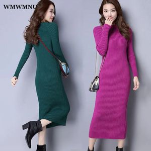 Abito lavorato a maglia sottile a maniche lunghe Donna sexy Autunno Inverno Abiti maglione coreano Midi che tocca il fondo Abiti aderenti 240124