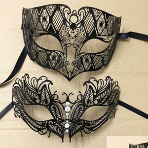 Party Masks Luxury Sier Men Women Lovers Par Venetian Black Metal Laser Cut Xmas Costume Shows Wedding Masquerade Mask Set Drop D DHTLB