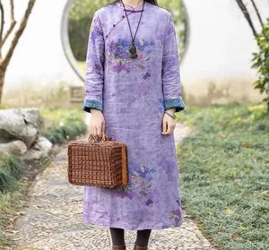 Сценическая одежда, фиолетовое платье Ramie Art в стиле ретро, зимнее плюшевое утолщенное платье, китайский оригинальный хлопок и Qipao
