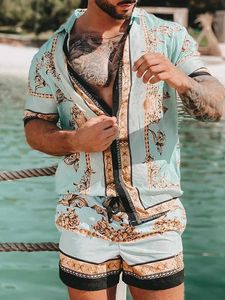 Комплект мужских рубашек, мужская модная рубашка + шорты, комплект из двух предметов, гавайская рубашка, европейский роскошный комплект рубашек, пляжный комплект, мужская одежда 240205