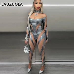 Damen Zweiteilige Hose Sexy Durchsichtiges Mesh Sheer Patchwork Silber Hosenanzug Outfit 2024 Sommer 2 Damen Bodysuit und Leggings Passendes Set