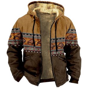 Vintage Winter Jackets for Men Bison Print Design Motorcycle Jacket Casual Long Sleeve Coats Male Versatile Hooded Sweatshirts 240122