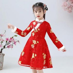 Etniska kläder plysch vinter qipao klänning flicka tonåring kinesiska år kläder rosa blå röd broderi cheong sam klänningar för barn flickor 2024