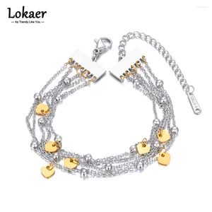 Länkarmband Lokaer Fashion Layered Heart CZ Crystal rostfritt stål PVD Guldfärgarmband för kvinnor Exklusiva personliga smycken