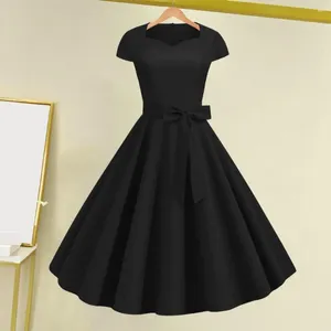 Casual Dresses Party Dress Elegant V Neck A-Line Midi med Belted Bow Detail Retro Princess Style For Women High midje Solid Color Swing