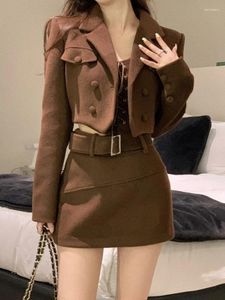 Work Dresses Winter Warm Elegant Strap Skirt Suit Women Brown France Vintage 3 Piece Set Female Korean Fashion Casual Designer Party 2024