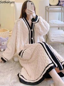 Women's Sleepwear Cozy Thicken Nightgowns Women Pockets Design Lovely Style Preppy Korean Warm Winter Mid-calf Casual Sweet Feminine Ins