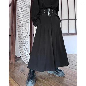Herrbyxor bälte veckad byxa för män och kvinnor japan harajuku streetwear mörk svart gotisk bred ben kjol netto kändis scenkläder