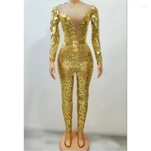 Stage Wear Gold Blue Red Flashing Full Mirrors Long Sleeves Transparent Jumpsuit Birthday Celebrate Costume Evening Women Dance Bodysuit