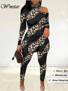 Women's Two Piece Pants Wmstar Set Women Clothing Tops And Hollow Out Sleeve Leopard Leggings Matching Suit Wholesale Drop 2024