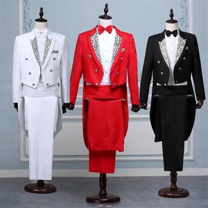 Tailcoat Suits Men Vest Jacket White Tail Coat Chorus Tuxedo Floral Stage Costum Singer Performer Magician Host Outfits 240125