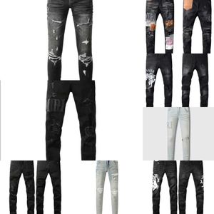 Мужские джинсы Мужские дизайнерские брюки высокого качества фиолетовые джинсы Amirs Отверстие для вышивки Рваные High Street Biker Skinny slim