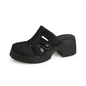 Sandali Moda Donna Scarpe estive Tacco largo in pelle Donna Designer di lusso Ciabatte Punta tonda Gattino Nero Marrone