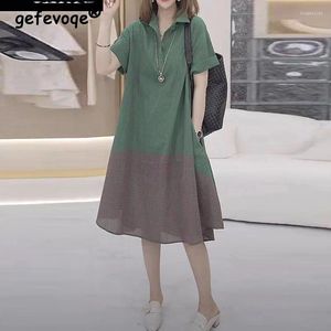 Sukienki imprezowe damskie ubrania kontrast kolor patchwork eleganckie koszule letnie modne krótkie rękawe swobodne duże sukienki midi vestidos