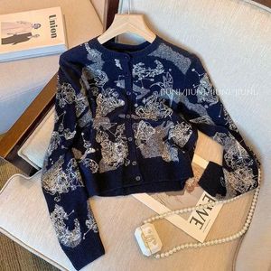 Damskie dzianiny haft startowy damski sweter wiosna jesienna wełniana wełna wełniana kurtka z jadalnią o długim rękawem niebieski
