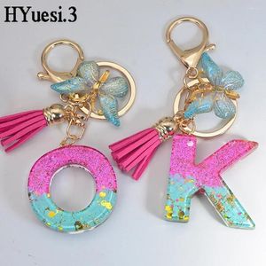 Keychains Pink Blue Color Letter Keychain Women Purse Decor Resin Sequin Initial Alphabet Key Rings With Tassel Butterfly For Couple Gifts