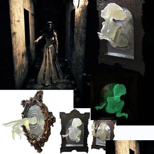 Dekorative Objekte Figuren Geist im Spiegel Wanddekor Glow Dark Halloween 3D Horror Spooky Scptures Harz leuchtende Statue oder Dhrwu